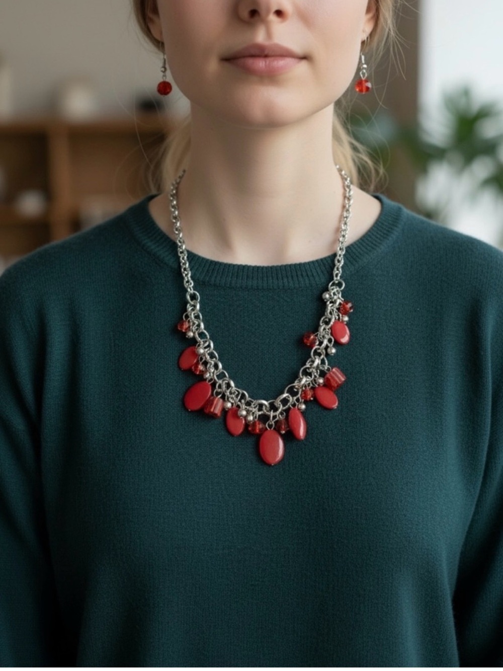 Red Bead Drop Necklace and Earrings Set - Women Jewelry